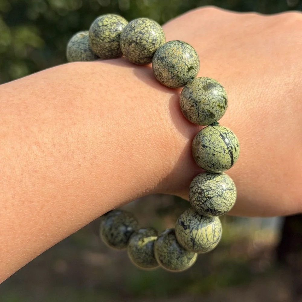15mm chunky stretchable green Medicine King‎ Stone bracelet 1119
